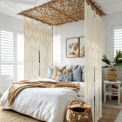 2Pcs Boho Beige Macrame Curtains Sheer Window Decor 23.6" W*98" L