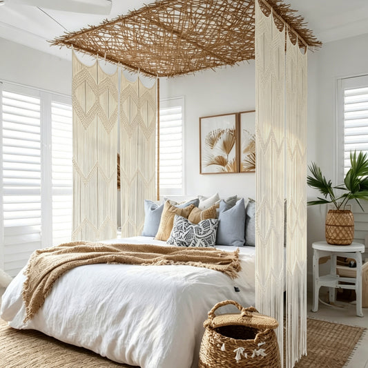 2Pcs Boho Beige Macrame Curtains Sheer Window Decor 23.6" W*98" L