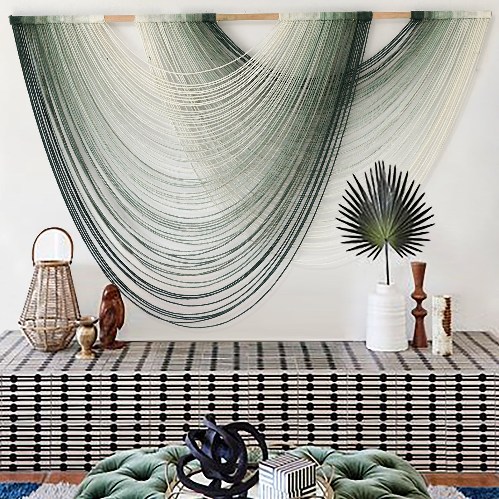 Macrame Wall Hanging Green Yarn Art Dip-Dye Boho Wall Decor
