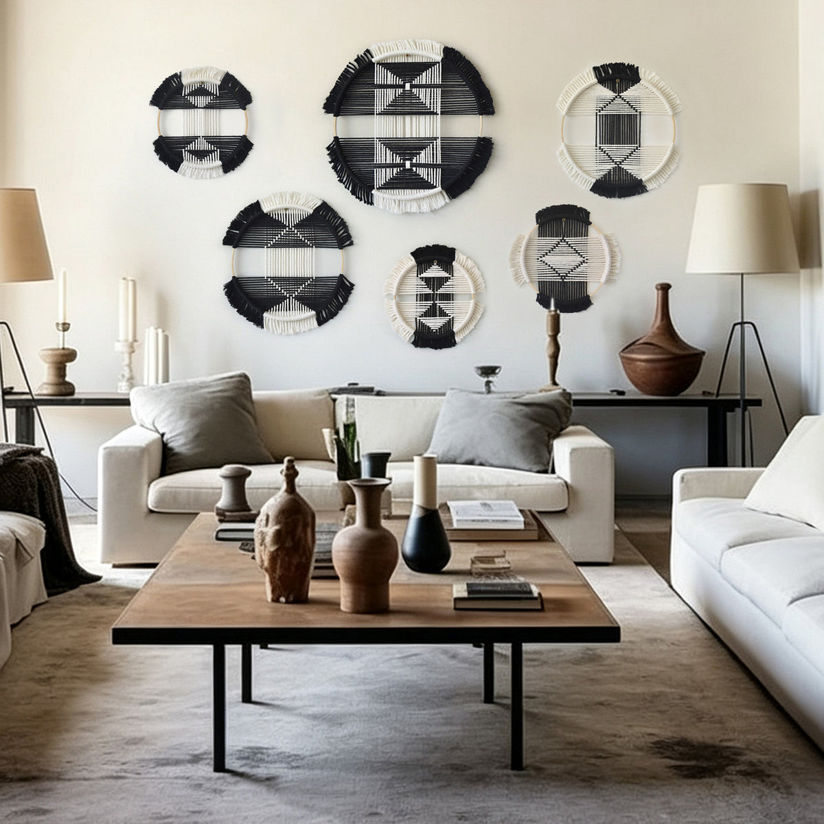 6pcs Macrame Wall Decor Black White Geometric Fiber Art Hanging Round Boho
