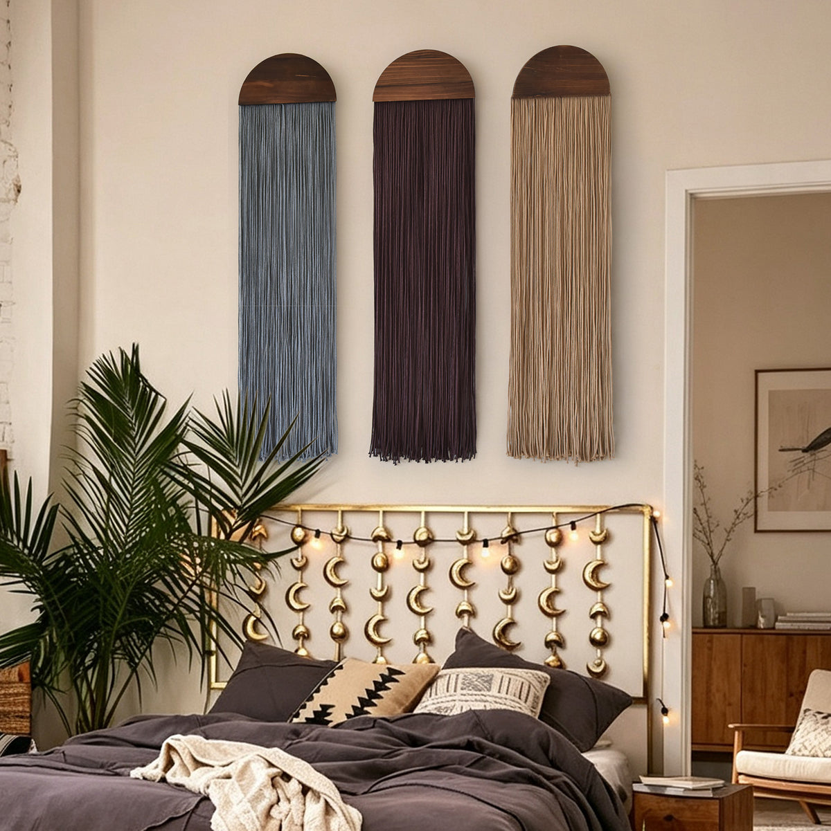 Macrame Wall Hanging Long Fringe Boho Wall Decor Handmade Wood 10" W*40" L