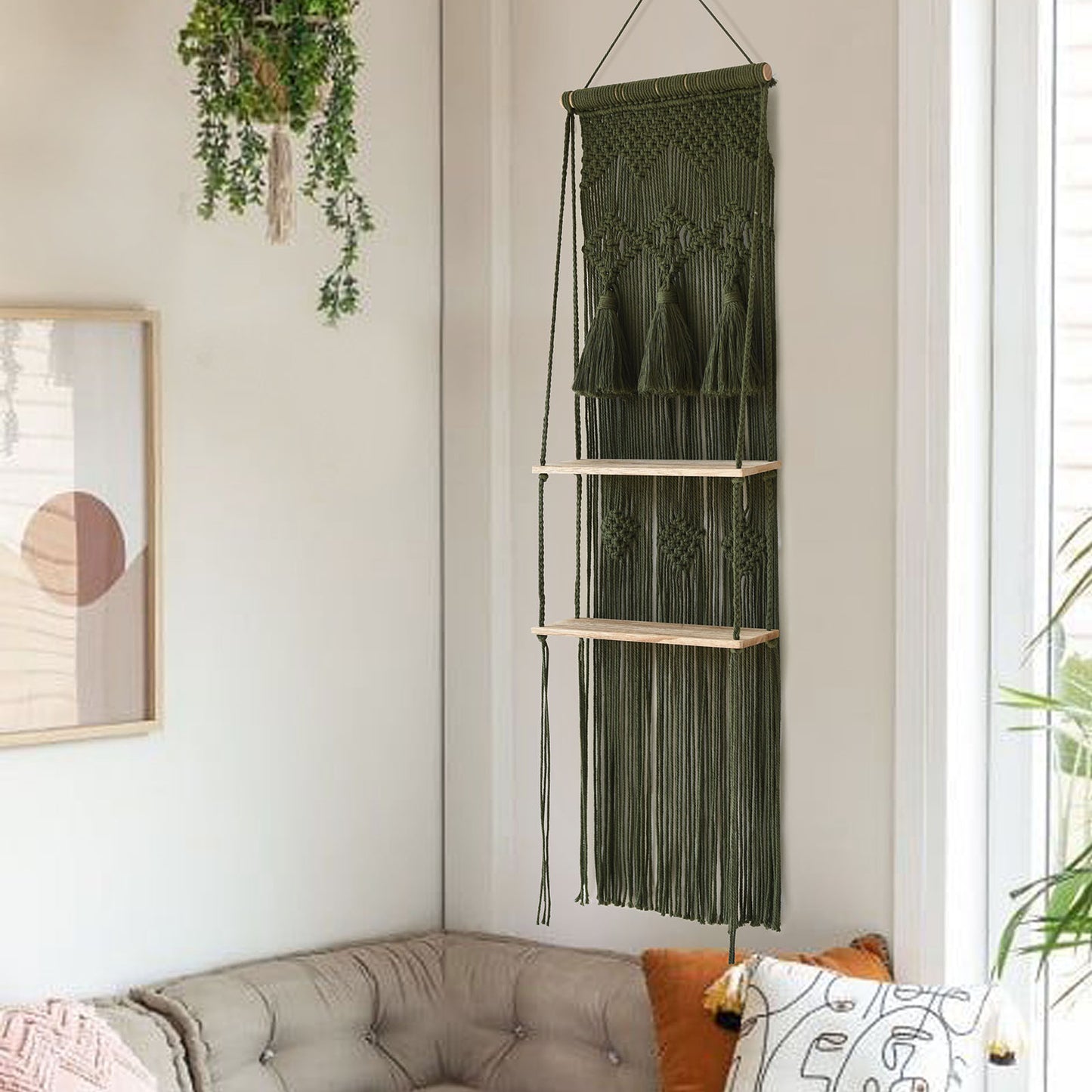 Hanging Shelf Green 2 Tier Floating for Plants Organizer(Wood)