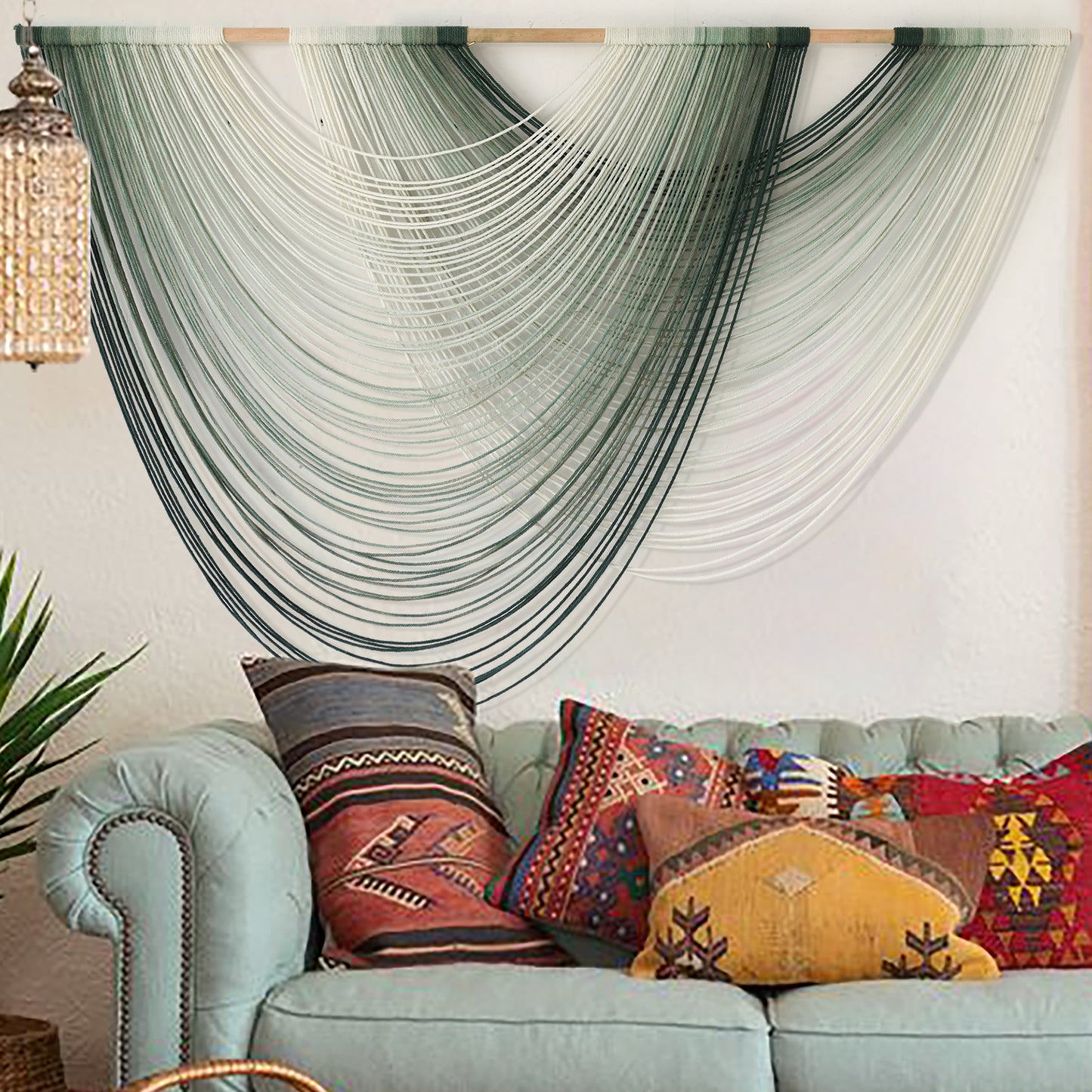 Macrame Wall Hanging Green Yarn Art Dip-Dye Boho Wall Decor