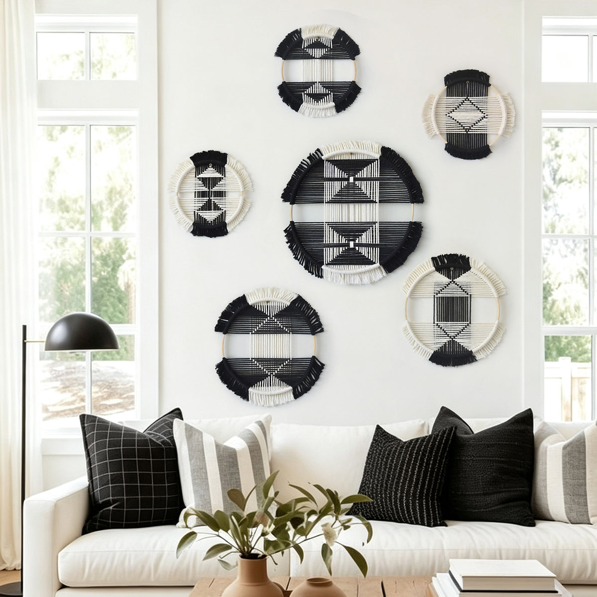 6pcs Macrame Wall Decor Black White Geometric Fiber Art Hanging Round Boho