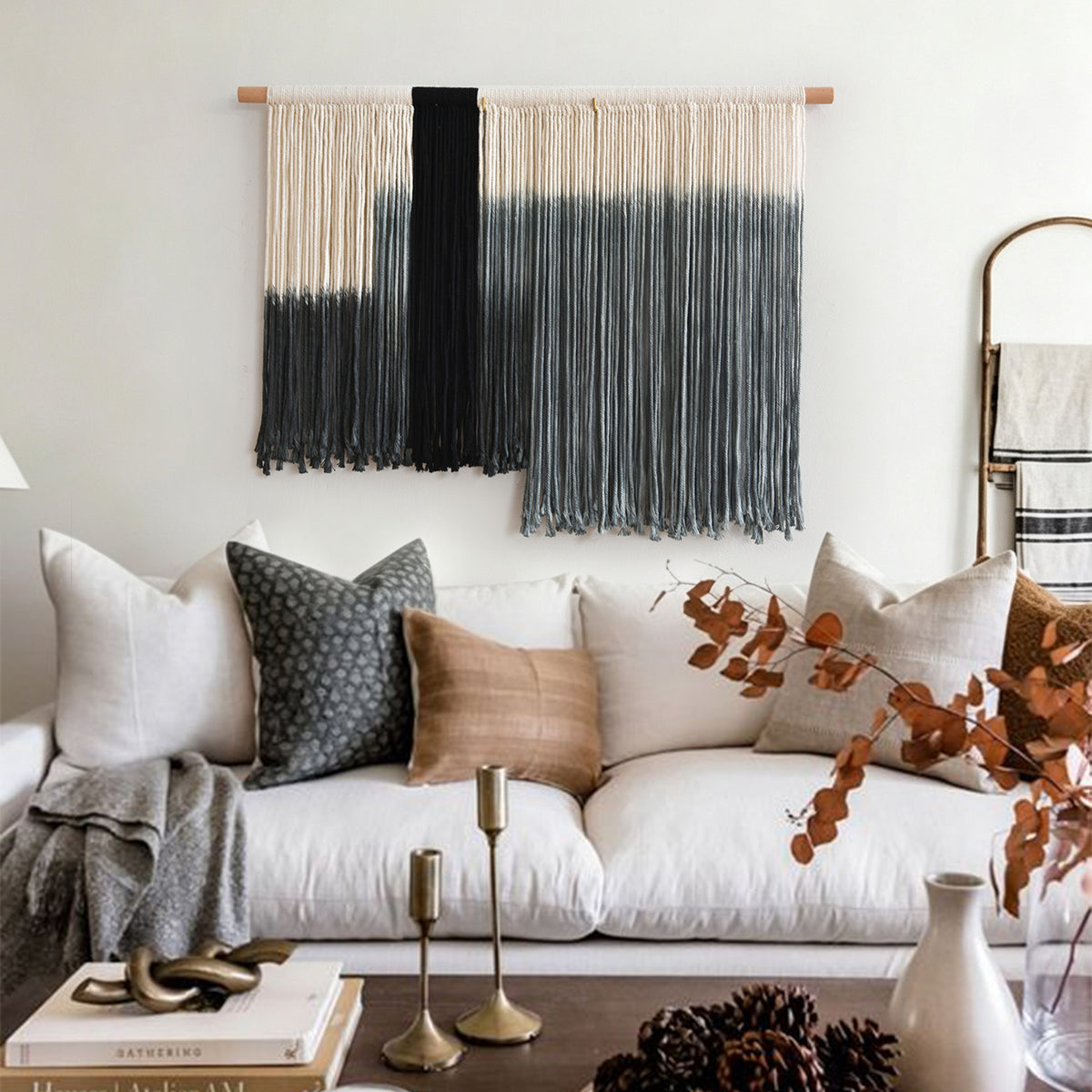 Macrame Wall Hanging Grey Dip Dye Boho Fiber Art for Bedroom 27"W x 19"L