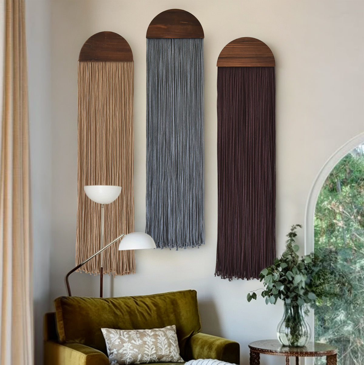 Macrame Wall Hanging Long Fringe Boho Wall Decor Handmade Wood 10" W*40" L