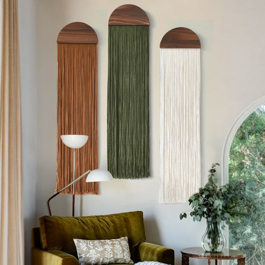 3pcs Macrame Wall Hanging Woven Wall Decor Brown Green Ivory 10"W*40"L