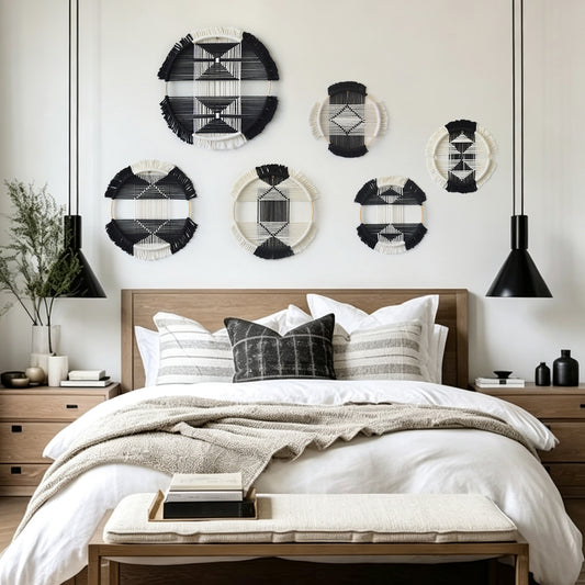 6pcs Macrame Wall Decor Black White Geometric Fiber Art Hanging Round Boho