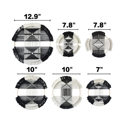 6pcs Macrame Wall Decor Black White Geometric Fiber Art Hanging Round Boho