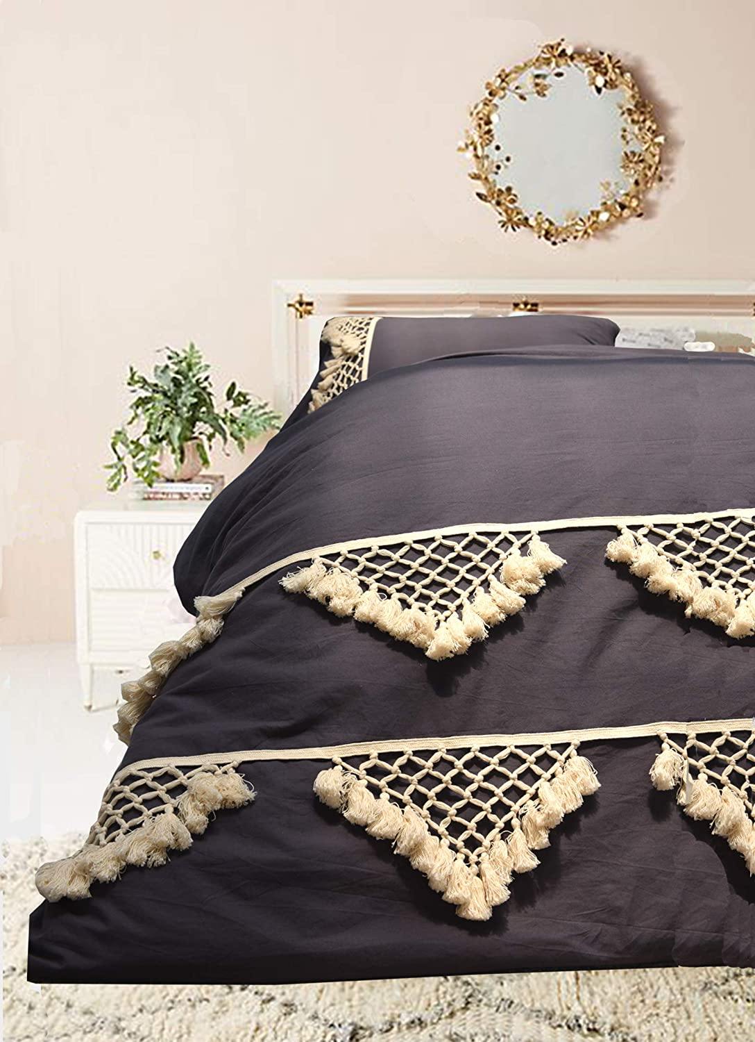 Boho Grey Tufted Tassel Lattice Bedding Duvet Cover - FLBERHOME