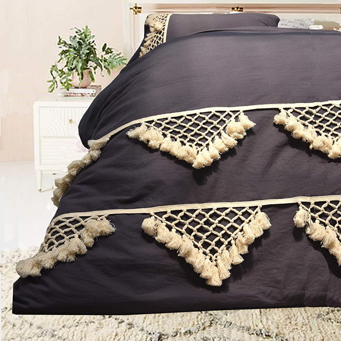 Boho Grey Tufted Tassel Lattice Bedding Duvet Cover - FLBERHOME