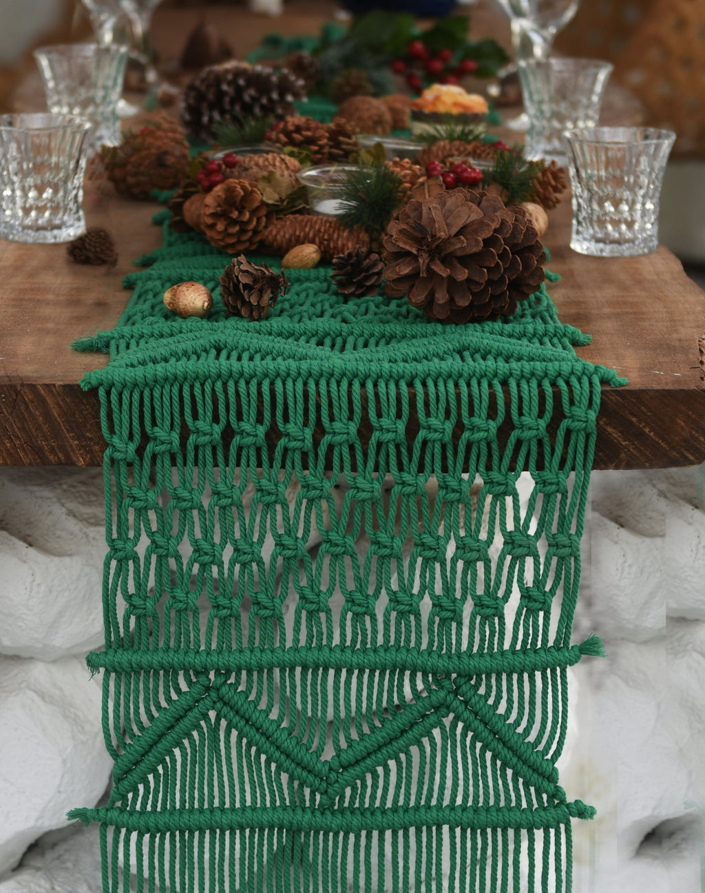 Newest Christmas Green Macrame Table Runners Handwoven