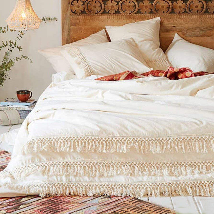 White Duvet cover Fringed Cotton Tassel Duvet Cover