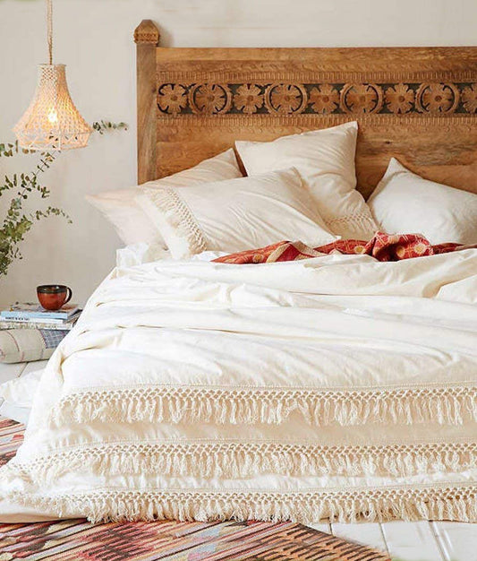 White Duvet cover Fringed Cotton Tassel Duvet Cover