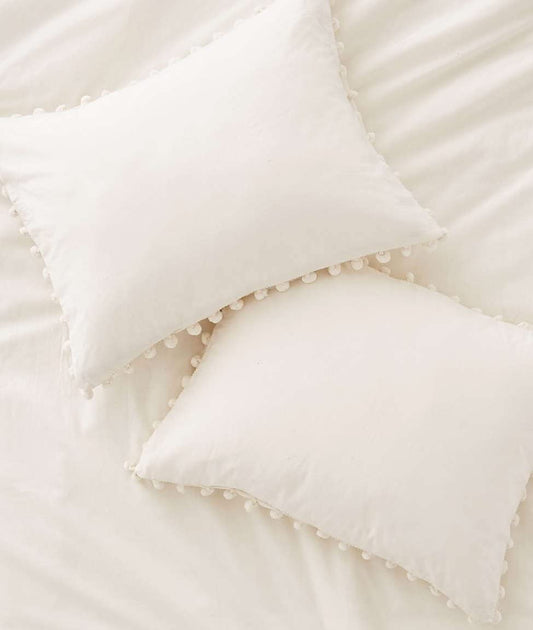 Pom-Fringe Sham Set Cotton Pillow Covers,Set of 2