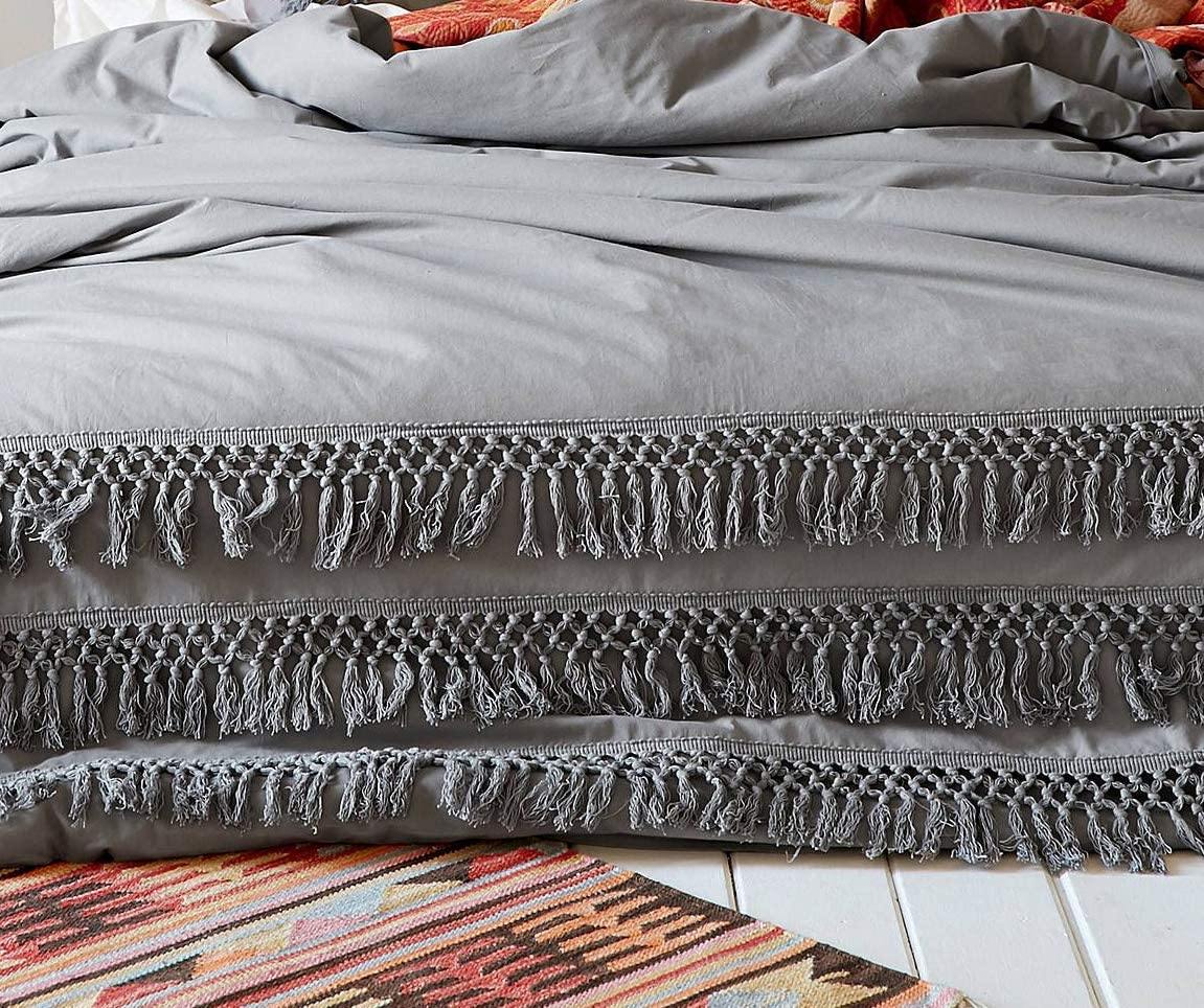 Grey Comforter Cotton Tassel Boho Bedding Duvet Cover - FLBERHOME