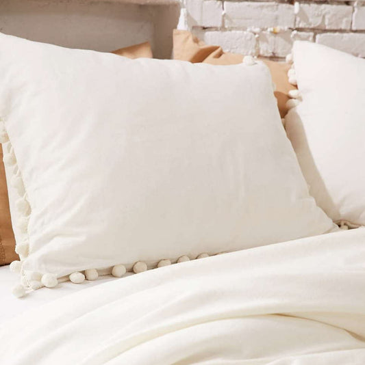 Pom-Fringe Sham Set Cotton Pillow Covers,Set of 2