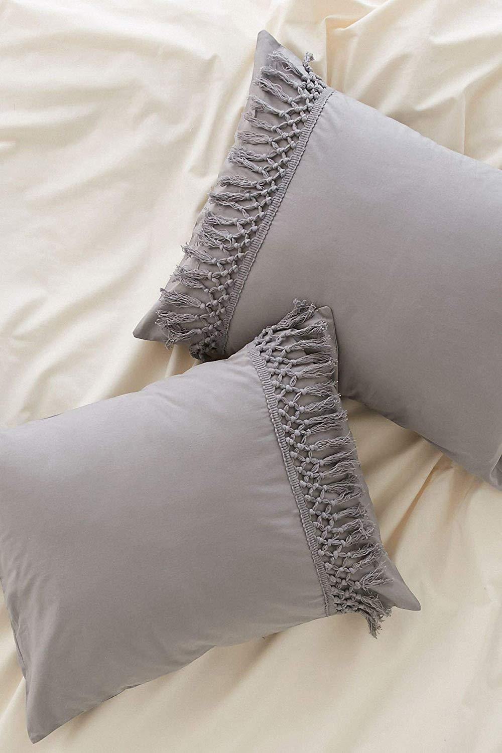 Grey Comforter Cotton Tassel Boho Bedding Duvet Cover - FLBERHOME
