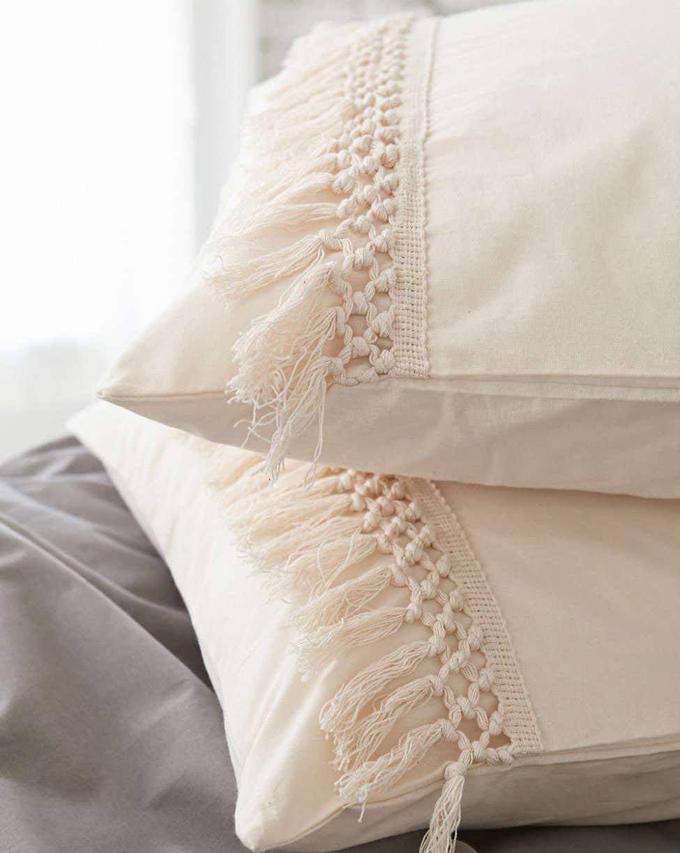 Flber White Pillowcases Tassel Sham Cotton Pillow Covers,Set of 2