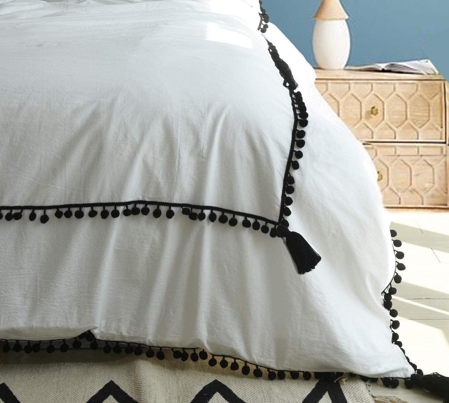 Black Pom Fringed Duvet Cover Tassel Bedding Boho Design - FLBERHOME