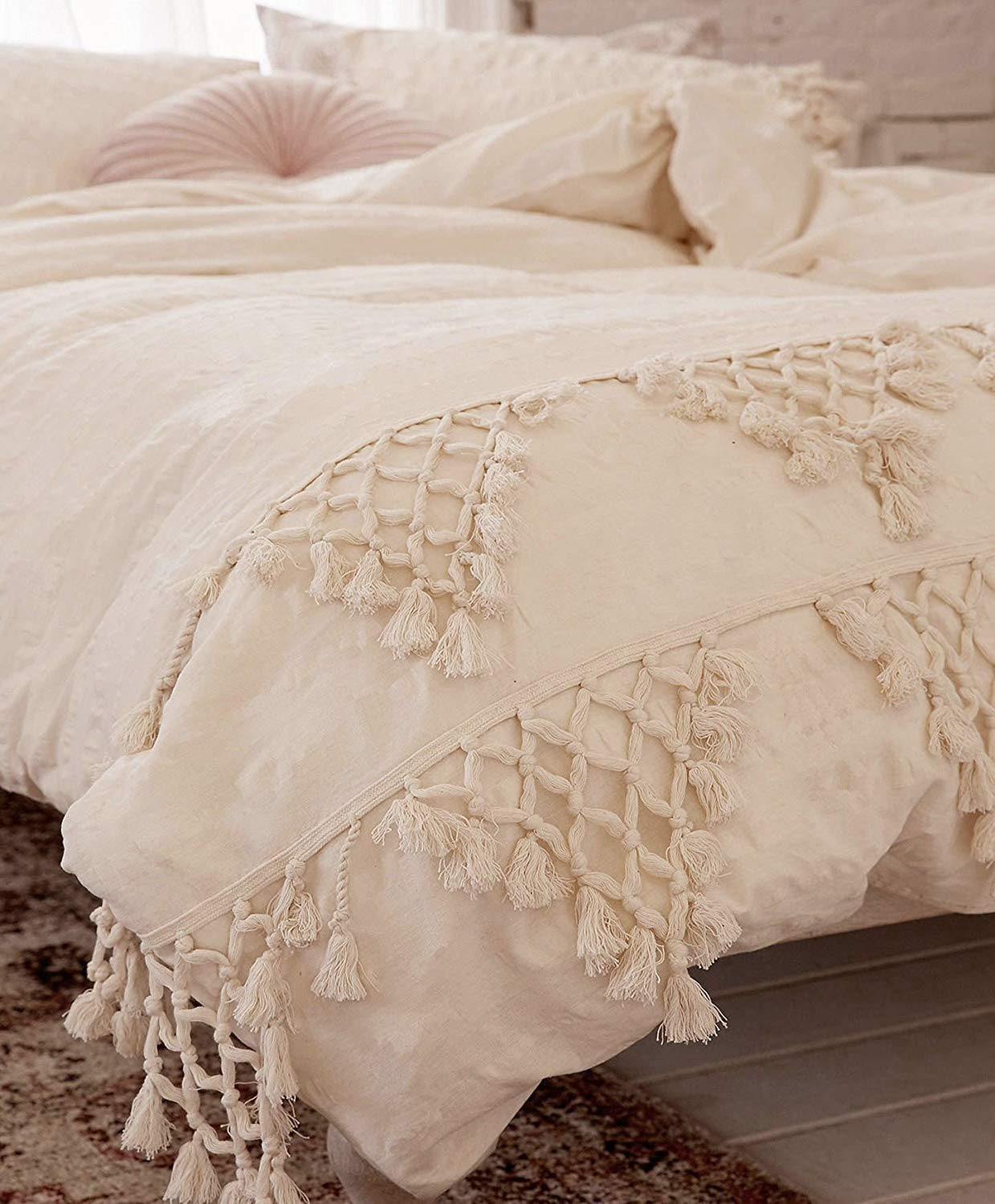 Ivory Boho Cotton Tassel Bedspreads Comforter  Duvet Cover - FLBERHOME