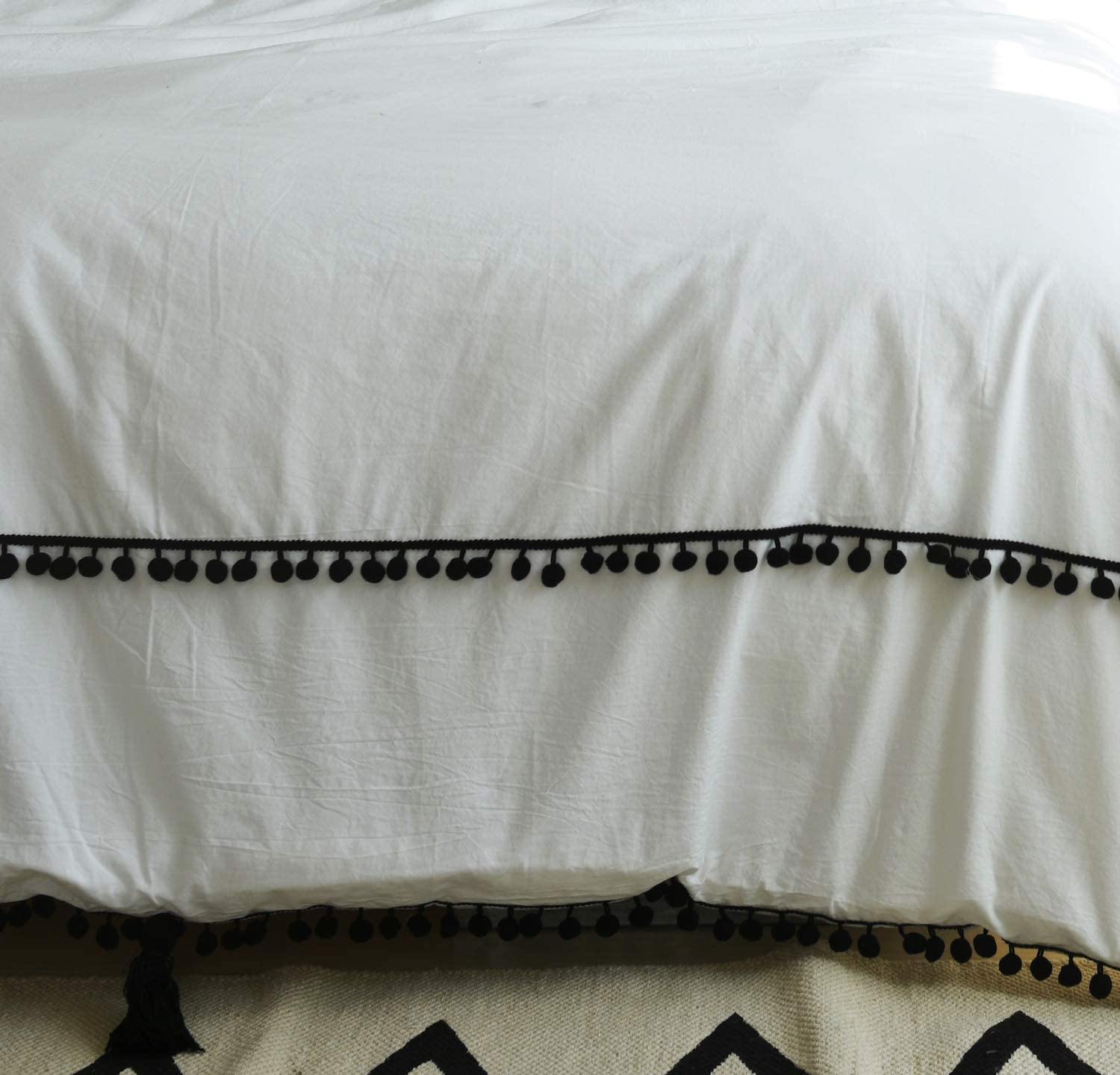 Black Pom Fringed Duvet Cover Tassel Bedding Boho Design - FLBERHOME