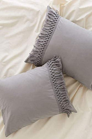 Flber Grey Pillowcases Tassel Sham Cotton Pillow Covers,Set of 2 - FLBERHOME