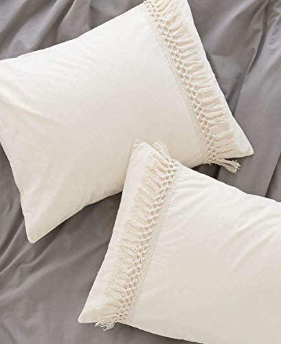 Flber White Pillowcases Tassel Sham Cotton Pillow Covers,Set of 2
