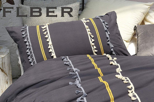 Grey Boho Cotton Tassel Bedding Comforter Duvet Cover - FLBERHOME