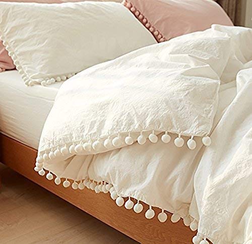 White Pom Pom Fringed Cotton Duvet Cover
